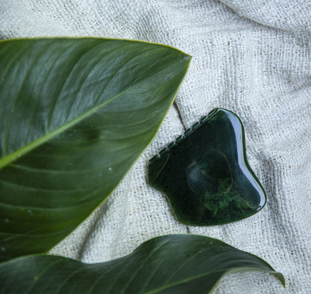 A nephrite jade Gua Sha stone resting on linen beside green leaves